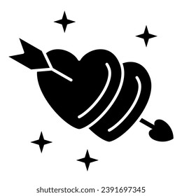 Arrow of love pierced two hearts solid icon, Valentines Day concept, Symbol of love and passion on white background, hearts and arrow icon in glyph style for mobile, web. Vector graphics