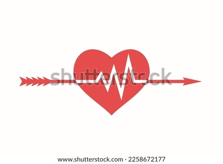 The arrow of love pierces and breaks the heart. Conception of Broken heart. Electrocardiogram heartbeat chart. Vector Illustration.