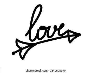 Arrow Love script word hand drawn lettering. Modern calligraphy Design for print on shirt, poster, banner. Graphic Printed tee. Black text on white background. Vector illustration