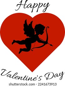 Arrow of love. Silhouette. Cute playful cupid with a bow and an arrow in his heart. Valentine's Day.