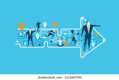 Arrow Made Of Map Lines With Stop Marks And People On That Abstract Locations, Representing Different Area Of Life And Business Career.
Concept Illustration. The Way We Are Going