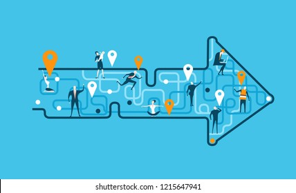 Arrow made of map lines with stop marks and people on that abstract locations, representing different area of life and business career.
Concept illustration. The way we are going