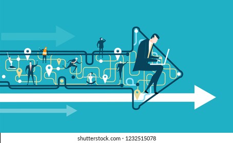 Arrow made of map lines with stop marks and people on that abstract locations, representing different area of life and business career. Concept illustration. The way we are going