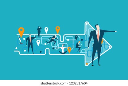 Arrow Made Of Map Lines With Stop Marks And People On That Abstract Locations, Representing Different Area Of Life And Business Career. Concept Illustration. The Way We Are Going