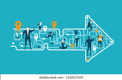 Arrow made of map lines with stop marks and people on that abstract locations, representing different area of life and business career. Concept illustration. The way we are going