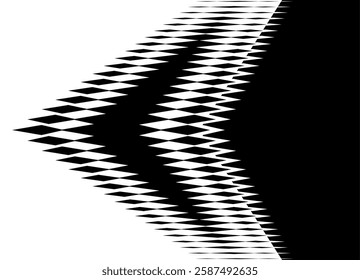 Arrow made of sharp pixelated elements with transition from black to white.  design  Modern graphic element. Sports vector pattern. Pointer, navigation, direction. Speed