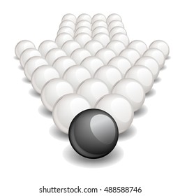 Arrow made up of white balls with one black ball standing ahead the rest 