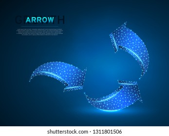 Arrow making growth curve. Three arrow goes down and up wireframe digital 3d illustration. Low poly abstract success concept with lines, dots on blue background. Vector neon polygonal RGB color