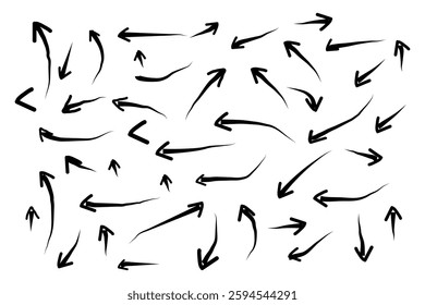 Arrow mark icons and arrow brush paint. Hand drawn arrows grunge collection. Direction pointers, group of chalked arrows.