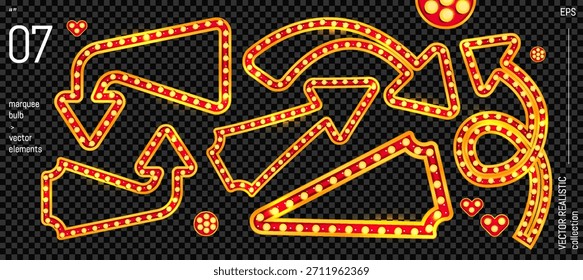 Arrow Marquee Lichtschild für Retro mit Zirkus oder Casino Leuchtkasten. Rotgold beleuchteter Zeiger im Vintage Neon Stil für Vegas Broadway, Karneval oder Showtime Promotion. Gekrümmter Randvektor einzeln.