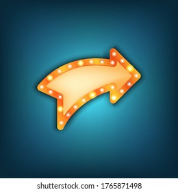 Arrow marquee vector sign. Light casino, motel, hotel, circus frame. Neon vintage sign shape. Lightbulb collection. Retro light borders. Old style advertising signboard, button, banner. 
