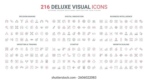Arrow of measurement and scaling, business growth and development, digital startup line icon set. Stock investment and deposit, money bag, thin black and red outline symbols vector illustration