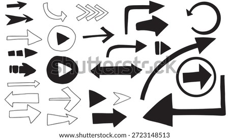Arrow and Media Symbols Vector, Hand Drawn Navigation Icons, Directional Control Elements