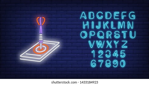 Arrow in mobile neon sign. Illustration of dart arrow in mobile target on dark blue brick background. Can be used for topics like games, advertisement, entertainment