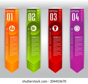 Arrow modern text box template, four color label, icon, numbers. 