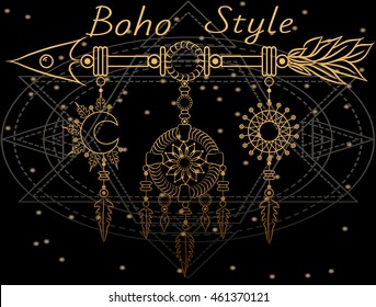 Arrow with  moon and sun medallions on the sacred geometry background. Boho chic style.