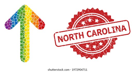 Up arrow mosaic icon of circle elements in different sizes and LGBT bright color tints, and North Carolina grunge rosette stamp seal. A dotted LGBT-colored Up arrow for lesbians, gays, transgenders,