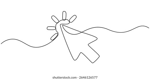 Arrow mouse click continuous one line drawing. Cursor symbol, Continuous drawing of cursor arrow. One line icon of cursor arrow, Background of drawing one line on a white background.