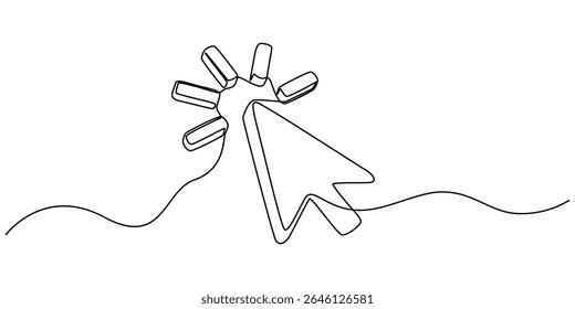 Arrow mouse click continuous one line drawing. Cursor symbol, Continuous drawing of cursor arrow. One line icon of cursor arrow, Background of drawing one line on a white background.