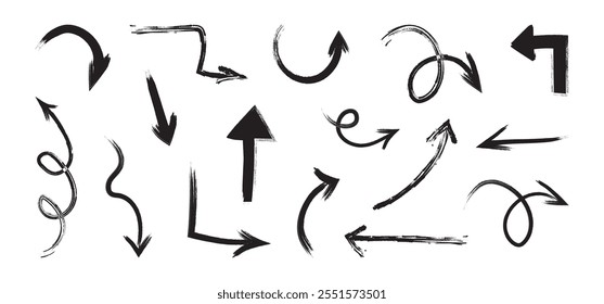 Arrow movement line brush hand drawn, crayon texture black pen sketch, chalk scribble icon, grunge element set isolated on white background. Handwritten vector illustration