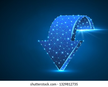 Arrow moving forward wireframe digital 3d illustration. Low poly Business visionary, challenge, goal concept with lines, dots and starry sky on blue background. Vector polygonal road guide neon RGB