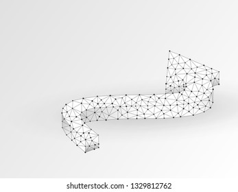 Arrow moving forward wireframe digital 3d illustration. Low poly Business visionary, challenge, goal concept with lines, dots and starry sky on white background. Vector polygonal origami style RGB