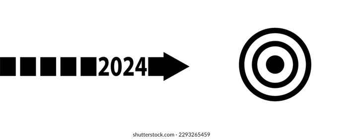 arrow moving toward dartboard isolated on white background , new year 2024 idea , goal and targeting concept