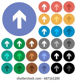 Up arrow multi colored flat icons on round backgrounds. Included white, light and dark icon variations for hover and active status effects, and bonus shades on black backgounds.