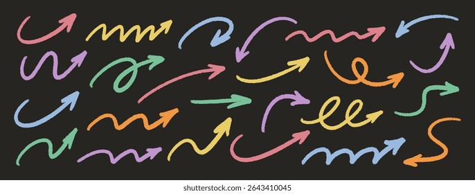 Arrow multicolored set. Crayon, charcoal, pastel, chalk hand drawn elements, doodle style stroke. Sketch pencil grunge textured wave arrows, direction pointers, and curved lines. Vector illustration