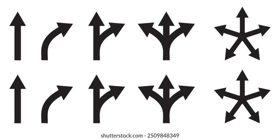 Arrow multiple direction icons set. One, two, three, and five arrows or option signs symbols. Vector