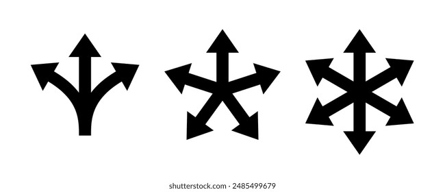 Arrow multiple direction icons. Vector three, five and six way arrows or option signs for infographic chart or presentation pointers