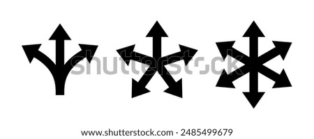 Arrow multiple direction icons. Vector three, five and six way arrows or option signs for infographic chart or presentation pointers