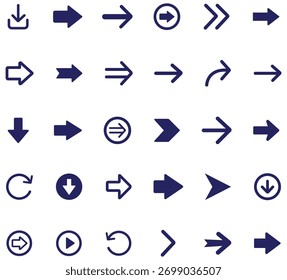 Arrow navigation icons set showing directional, curved, circular and action arrows in solid style for interface navigation and user controls.