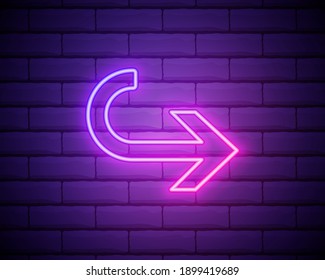 icono del neón de flecha. Línea delgada simple, contorno vector de iconos de flecha para UI y UX, sitio web o aplicación móvil sobre fondo de pared de ladrillo .