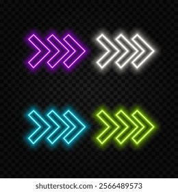 Arrow neon on brick wall. Realistic shining signboard. Glowing neon arrow pointer on brick wall background. Retro signboard with bright neon tubes. Color neon banner. Night bright advertising.
