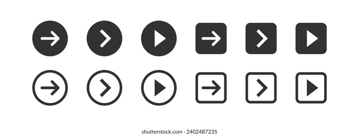 Arrow next icon. Button forward signs. Back symbol. Right direction symbols. More page icons. Navigation pointer. Vector isolated sign.