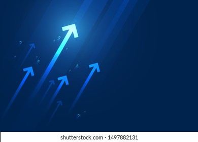 Arrow up on blue background, copy space composition, business growth concept.