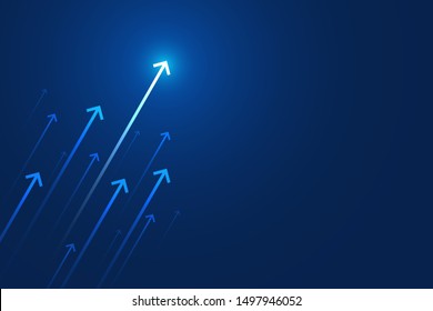 Arrow up on blue background, copy space composition, business growth concept.