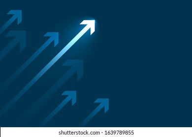 Arrow up on blue background, copy space composition, business growth concept.