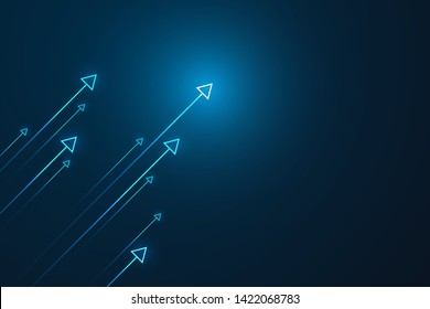 Up arrow on blue background illustration, copy space composition, business grow concept.