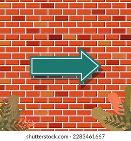Flecha en pared de ladrillo, ilustración vectorial de diseño de puntero en blanco