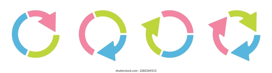 Arrow on circle vector. Set of arrows at the end of circles vector. Repeat process icon. Processing vector. Action in a circle vector. Colored infographic arrows with circles.