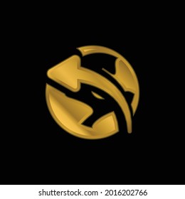 Arrow On Globe gold plated metalic icon or logo vector