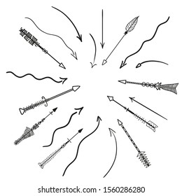 Arrow on isolated white background. Hand drawn wavy arrows. Set of different pointers. Black and white illustration