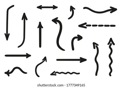 Arrow on isolated white background. Hand drawn simple arrows. Black and white illustration