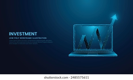 Pfeil auf einem Notebook Steigend und steigend Wachstum, Investitionen und Erfolg zeigen Low Poly Drahtmodell auf blauem technologischem Hintergrund Vektorillustration