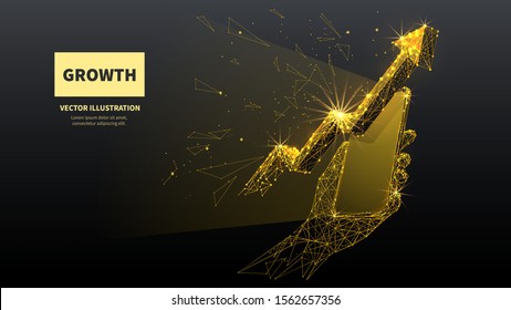 An arrow on smartphone low poly wireframe illustration. Polygonal technology success, mobile service increase mesh art. 3D arrow up and human hand holding telephone with connected dots