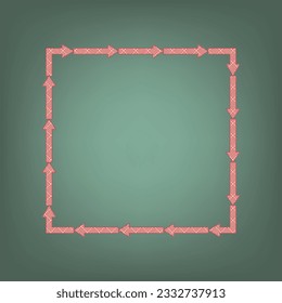 Arrow on a square shape. Apricot Icon with Brick Red parquet floor graphic pattern on a Ebony background. Feldgrau. Green. Illustration.