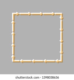 Arrow on a square shape. Emboss effect with light orange icon on gray background.