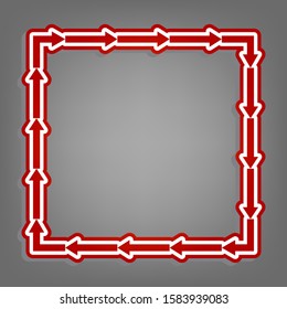 Arrow on a square shape. Flat red icon with linear white icon with gray shadow at grayish background. Illustration.